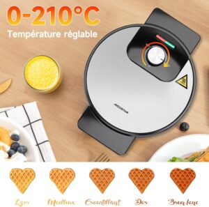 Aigostar Gaufrier pour 5 Gaufres en Forme de Cœur, 1000W, Plaques Antiadhesives de 19 cm, Temperature Reglable, Indicateur LED, Poig