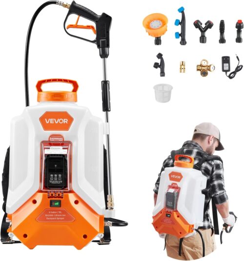 VEVOR Pulverisateur a Dos Electrique a Batterie 16 L, Reglable 0-6,2 Bar, avec 2 Lances, 8 Buses, Batterie 21 V 4 Ah, Pulverisateur