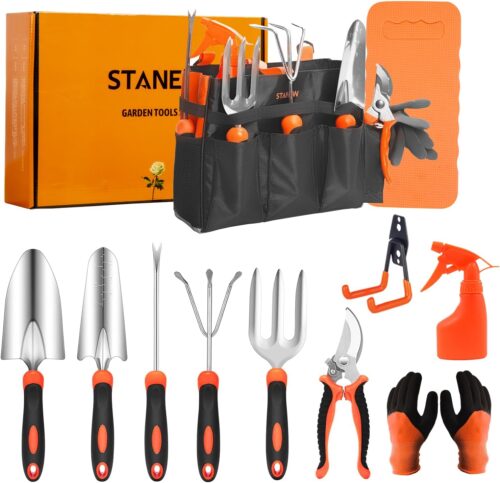 Stanew 13 x Stainless Steel Garden Tool Set, Ergonomic Rubber Handle, Garden Glove, Storage Bag, Gardening Gifts for Women and Men