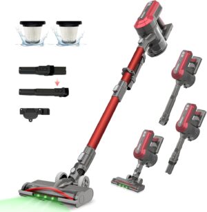 Akitas V10A Aspirateur Balai sans Fil 450W avec Moteur BLDC, Aspiration 45kPa, 60min Autonomie, Brosse LED Verte, Leger, Anti-Enchev