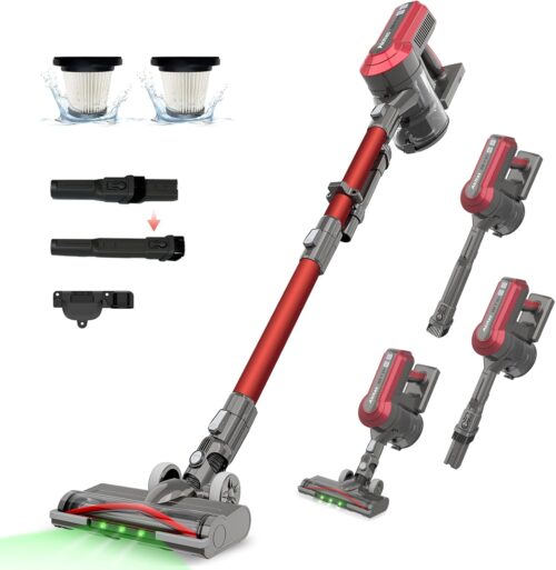 Akitas V10A Aspirateur Balai sans Fil 450W avec Moteur BLDC, Aspiration 45kPa, 60min Autonomie, Brosse LED Verte, Leger, Anti-Enchev