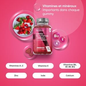 Gummies multivitamines femme – 13 vitamines, goût fraise, 90