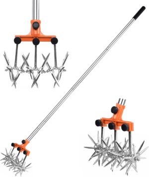 BARAYSTUS Long Handle Retractable Rotary Cultivator Stainless Steel Weatherproof with Removable Teeth Cultivator Kit for Soil Mixing