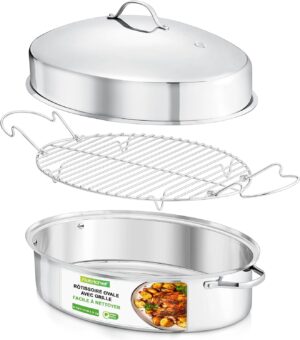 NutriChef Plat Four de Rotissage Ovale51 cm avec Grille et Couvercle - Plat Inox en Acier Inoxydable de Haute Qualite avec Poignees