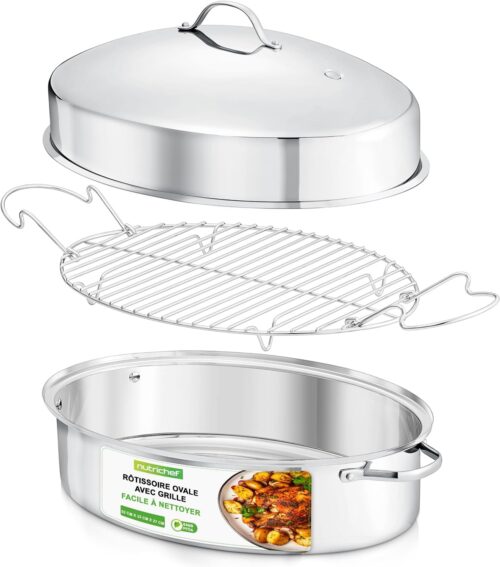NutriChef Plat Four de Rotissage Ovale51 cm avec Grille et Couvercle - Plat Inox en Acier Inoxydable de Haute Qualite avec Poignees
