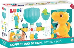 LUDI - Coffret de Bain Dino - 1 Circuit dEau a Construire, 1 Grand Dinosaure, 1 Bebe Dino Aspergeur - Jouet de Bain pour Bebe a Ven