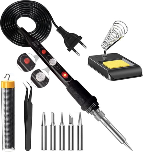 Fer a Souder Kit, 60W Electrique Temperature Reglable200450C avec Interrupteur ONOFF, 5PCS Conseils de soudage, Fil de Soudure, St
