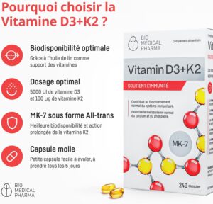 Vitamine D3 K2 MK-7 5000 UI/100 µg - 240 gélules huile