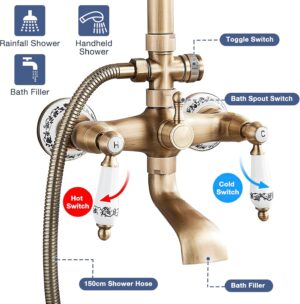SINKTORY Retro Brass Shower Column with Mixer, Shower System Shower Set Wall Mounted Shower Kit with 20 cm Shower Head, Shower, Bath
