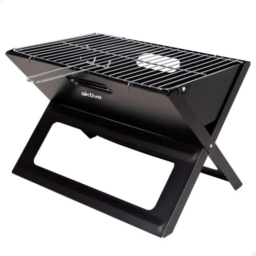 AKTIVE 63033 - Barbecue a Charbon Portable et Pliable en Acier Noir et Rectangulaire, avec Poignee de Transport, Dimensions 45 X 29