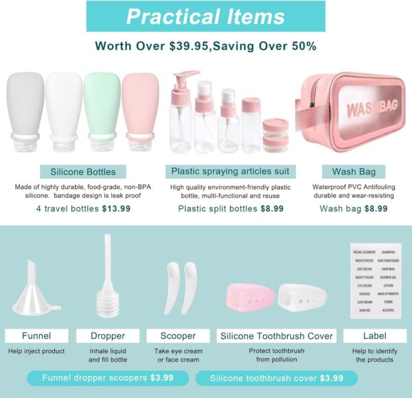 18 pieces of travel bottle, travel kit toiletries approved for aviation, suitable for shampoo, lotion, conditioner, shower gel, with