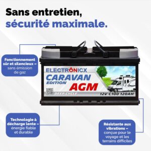 Batterie AGM 120Ah Caravan Edition Batterie Voiture 12v Solution Energetique Solaire Batterie Decharge Lente pour Camping-Car Enfant