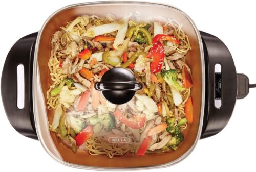 BELLA Poele electrique et a frire avec couvercle en verre, revetement antiadhesif, poignees froides au toucher, sonde chauffante amo