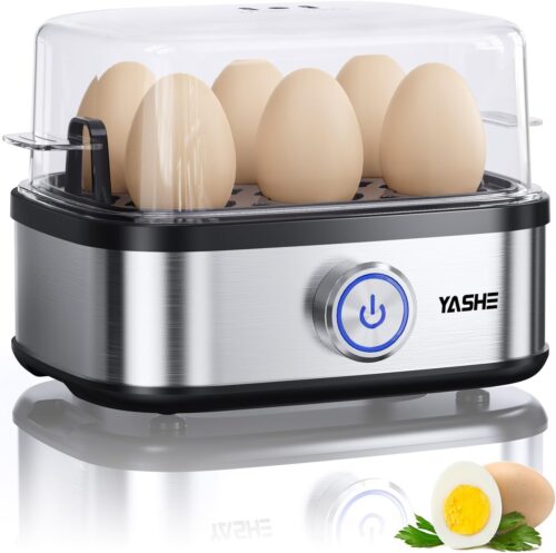 YASHE Cuiseur a œufs, cuisinier d'œufs compact de 400 W, 6 œufs faciles a peler, oeufs mollets, oeufs moyens, oeufs durs, Poacher, f