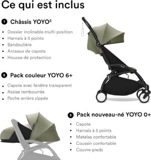 Poussette Stokke YOYO3 avec pack nouveau-ne et pack couleur 6 - Comprend un cadre noir, un pack couleur YOYO 6 (Olive) et un pack