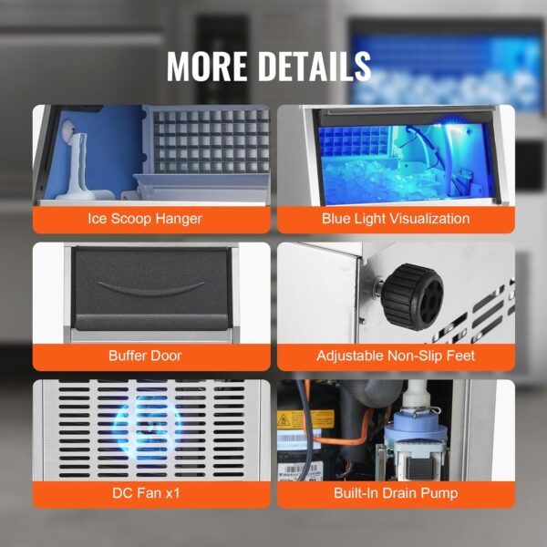 VEVOR Commercial Ice Maker 41kg24h Ice Preparation Device 45 Ice Cube Trays Storage Capacity 11kg Auto Cleaning Without Freestandin