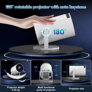 Built-in App Mini Projector 1080P 4K Supports Mini Portable Projector, Dual Control with Mouse Android TV WiFi 6 BT5.2 180 Rotati