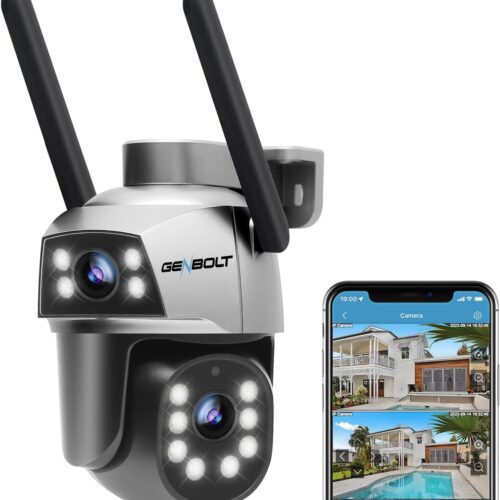 GENBOLT PTZ Outdoor Surveillance Camera with PoE, 2.45Ghz WiFi IP Camera CCTV Outdoor Dual Lens Dual View with Night Color, Auto