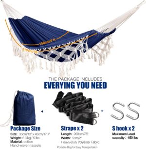 ANYOO Hamac de Jardin Exterieur Coton Hamac a Pampilles Macrame avec Sangles d'arbre, Hamac Compact Portable avec Sac de Transport p