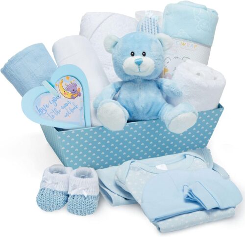 Coffret Naissance Bleu pour Bebes Garcons Kit de Naissance avec Vetements Bebe Garcon, Lange en Polaire, Serviette avec Capuche 2