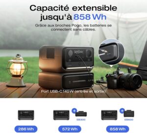 Station electrique portable EF ECOFLOW RIVER 3 Plus sans fil et batterie externe 5000 mAh, batterie LFP 286 Wh, jusqu'a 1200 W de so