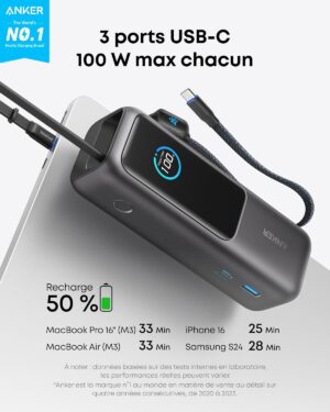 Anker Zolo Batterie Externe pour Ordinateurs Portables, Chargeur 25000mAh 3 Ports USB-C 100W pour Plusieurs appareils, cable integre