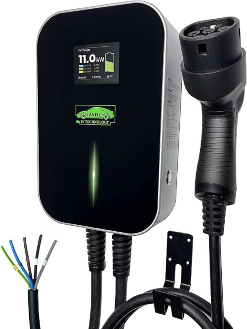 ANFIL 3-Phase Charging Station for Electric Vehicles - EU Standard 16A Charger, 11kW IEC 62196-2 - 6.1m Charging Cable, Type 2 Plug