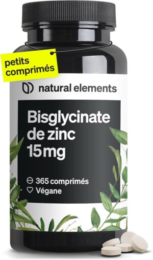 Zinc Bisglycinate Pur 15mg 365 Comprimes Vegetaliens Zinc pour Plus d'un An Antioxydant et Beaute pour une Peau Saine Syst