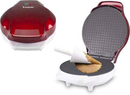 BEPER P101CUD002 Gaufrier electrique, 1000 W, Gaufrier pour cones 18 cm, Poignee isolante, Accessoires pour cones inclus, BlancRoug