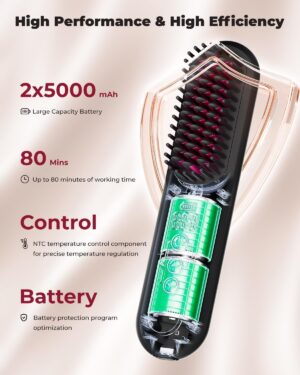 CARER SPARK Brosse Lissante Sans Fil 10000mAh Fer a Lisser avec Millions d'Ions Negatif, Autonomie de 80min Chauffage Rapide en 30s