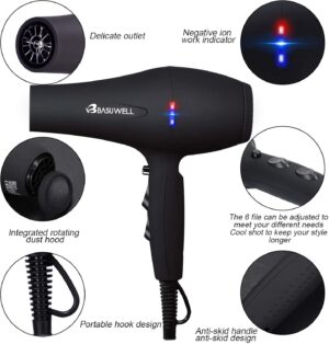 Basuwell Seche Cheveux Professionnel 2100W, Salon Seche-Cheveux avec Diffuseur,Peigne et Buse, Puissant AC Moteur (Noir)