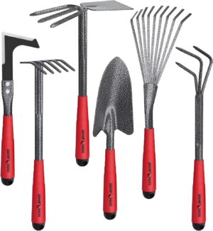 FLORA GUARD 6 Pcs Garden Tools Stainless Steel Garden Tool Kit with 2-in-1 Hoe, Treulle, Rakes, Weeder Knife, Hammered Finish, for P