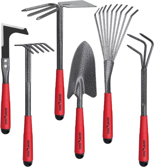 FLORA GUARD 6 Pcs Garden Tools Stainless Steel Garden Tool Kit with 2-in-1 Hoe, Treulle, Rakes, Weeder Knife, Hammered Finish, for P