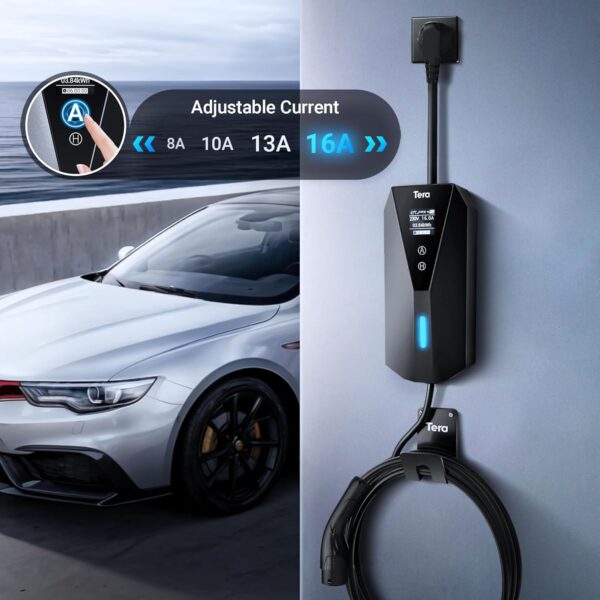 Tera Portable EV Charger Type 2 with 7m Charging Cable 3.68kW 16A Schuko Plug Adjustable Charging Box Cable Ties P02 Black