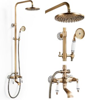 SINKTORY Retro Brass Shower Column with Mixer, Shower System Shower Set Wall Mounted Shower Kit with 20 cm Shower Head, Shower, Bath