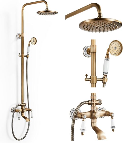 SINKTORY Retro Brass Shower Column with Mixer, Shower System Shower Set Wall Mounted Shower Kit with 20 cm Shower Head, Shower, Bath