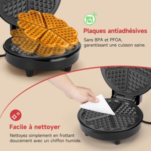 Aigostar Gaufrier pour 5 Gaufres en Forme de Cœur, 1000W, Plaques Antiadhesives de 19 cm, Temperature Reglable, Indicateur LED, Poig