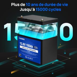 Batterie DCHOUSE 12V 100Ah LiFePO4, BMS 100A ameliore, jusqu'a 15000 cycles, batterie au lithium 1280Wh, parfaite pour les camping-c