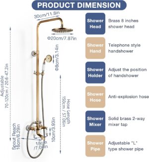 SINKTORY Retro Brass Shower Column with Mixer, Shower System Shower Set Wall Mounted Shower Kit with 20 cm Shower Head, Shower, Bath