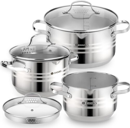 Daniks Tokio Batterie de Cuisine INOX 6 Pieces avec Marmites et Couvercle Passoire, Tous Feux y Compris Induction, Echelle de Mesure