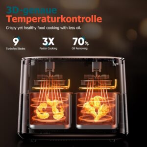 Friteuse sans huile 9L double zone, 2 tiroirs, 9 programmes