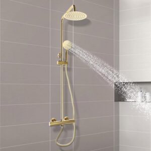Golden Brass Shower Column Retro with Mixer Tap Set Stainless Steel Gold Shower System Mixer Shower Tap Thermostat Wall Mounted Show
