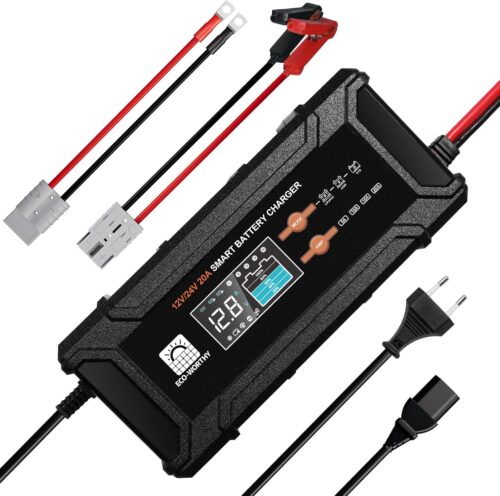 ECO-WORTHY 12V24V 20A Chargeur de Batterie LiFePO4 avec Options Multi-Courant 5A10A15A20A,detection Automatique de la Tension de