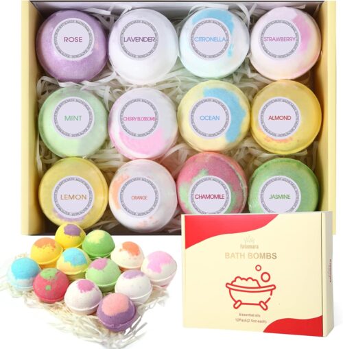 Boule de Bain, 12 coffret cadeau de bain fait a la main, Sel de Bain aux Huiles Essentielles Naturelles, Soin pour Peau Seche, pour