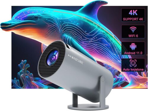 Mini Portable Auto Keystone Projector, 4K200 ANSI Smart Projector with WiFi 6, BT 5.0, 130 Inch, 180 Degree Flipping, Built-in Andr
