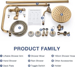 SINKTORY Retro Brass Shower Column with Mixer, Shower System Shower Set Wall Mounted Shower Kit with 20 cm Shower Head, Shower, Bath