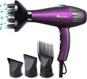 Basuwell Seche Cheveux Professionnel 2100W, IoniqueInfrarouge Iointain Salon Seche-Cheveux avec Diffuseur,Peigne et Buse, Puissant