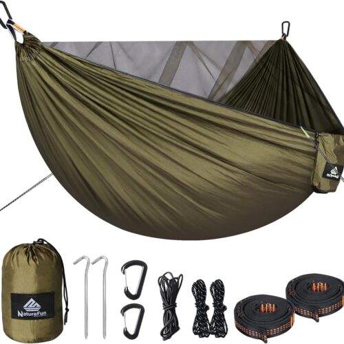 NATUREFUN Hamac de Camping avec Moustiquaire Capacite de Charge de 300kg, (290 x 140 cm) Nylon Parachute Respirant, sechage Rapide