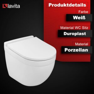 LAVITA Dalia Wall Mounted Toilet with Soft-Close Mechanism and Metal Hinges, Hanging Toilet without Rim, 360 x 520 x 410 cm, Glossy