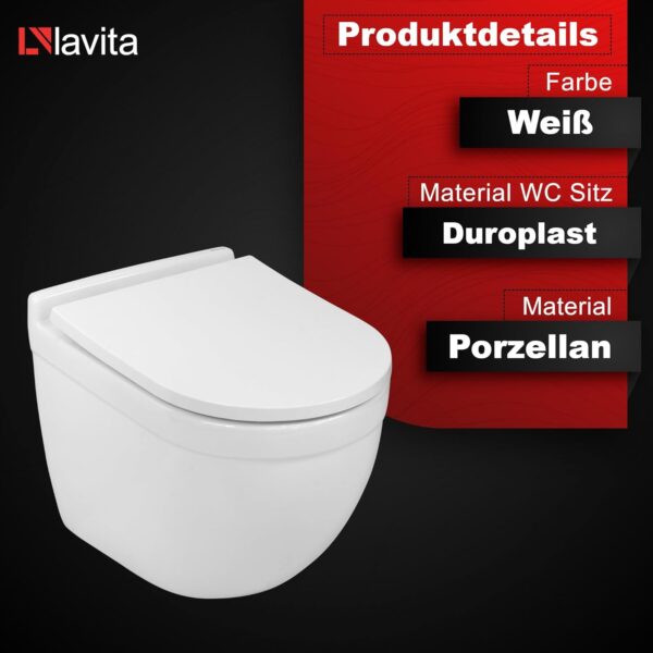 LAVITA Dalia Wall Mounted Toilet with Soft-Close Mechanism and Metal Hinges, Hanging Toilet without Rim, 360 x 520 x 410 cm, Glossy